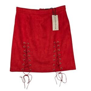 Maniere De Voir Faux Suede Skirt Women’s Sz 8 UK Red Lace Up Stretch